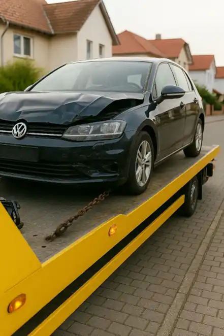 Defektes Fahrzeug wird für den Autoankauf in Schorndorf professionell abgeschleppt.